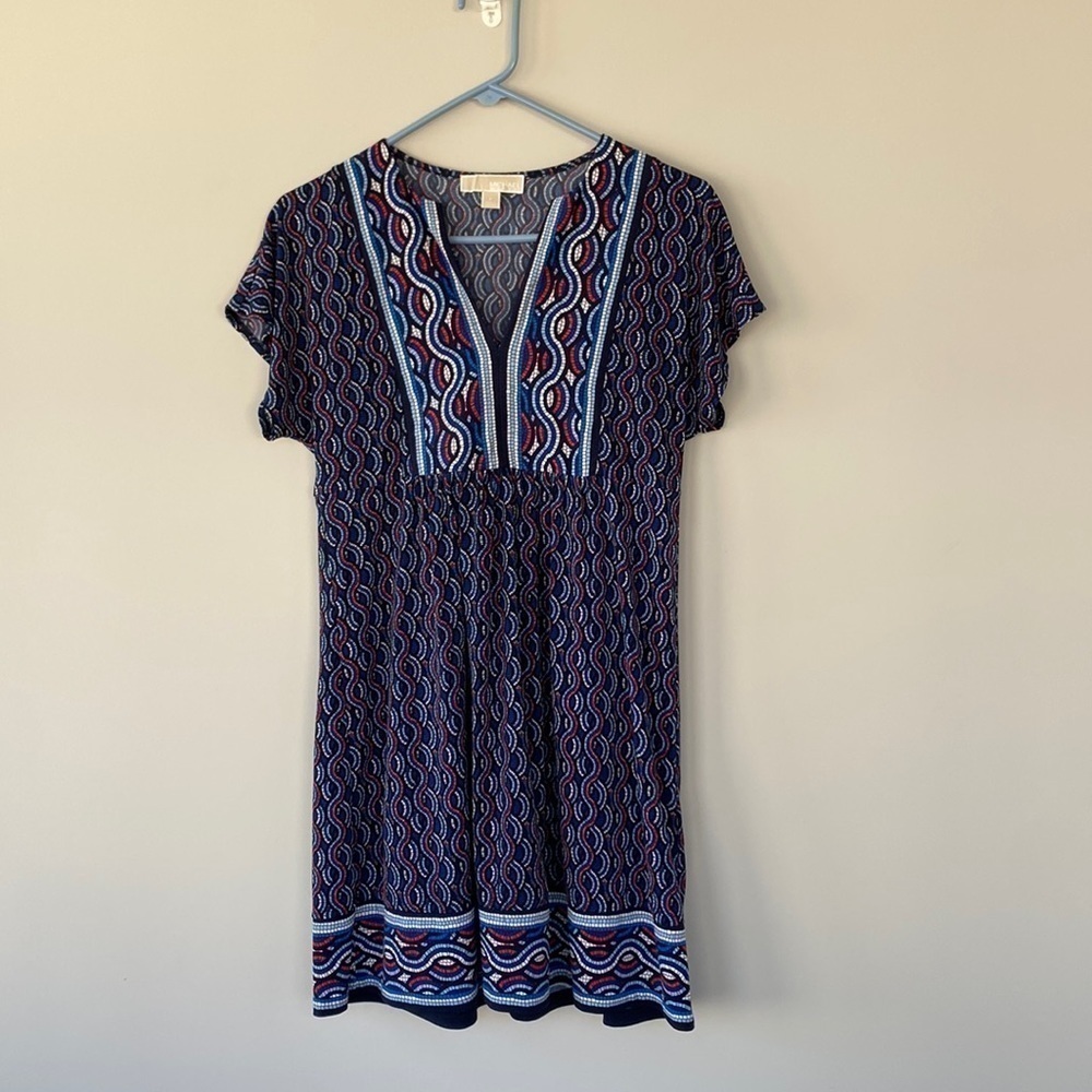Michael Michael Kors Short Sleeve Split Neck Mosaic Printed Peasant Dress Size P